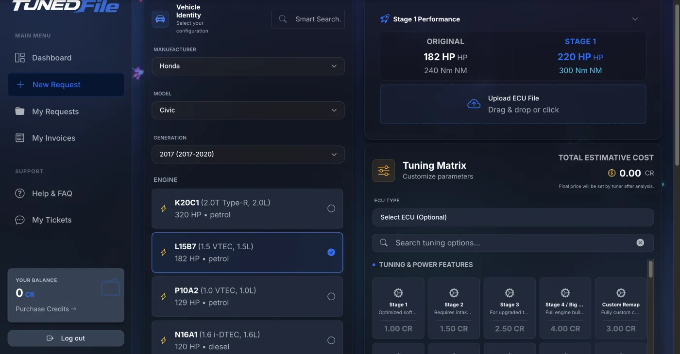 The TunedFile panel's new request screen with vehicle and operation selection